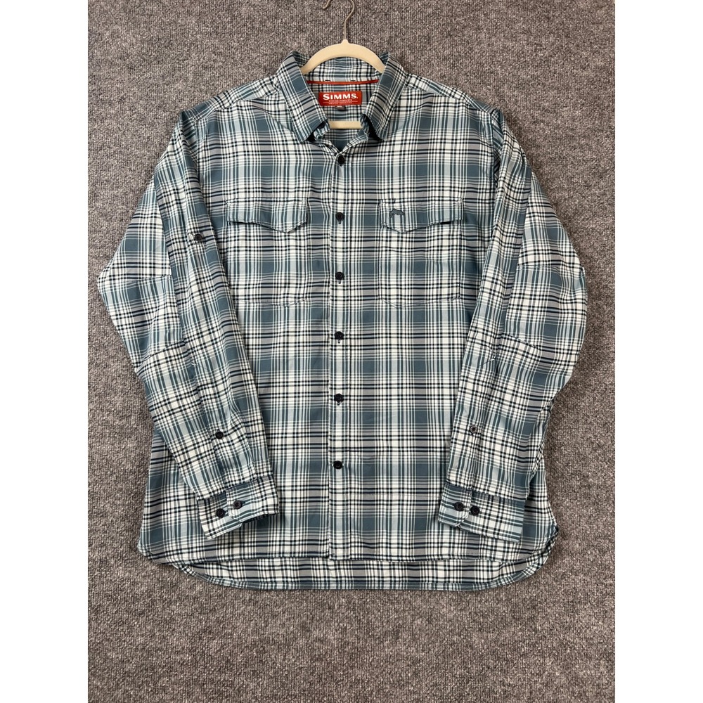 Simms Fishing Products Shirt Mens XL Blue Plaid Long Sleeve Button Down